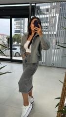 Asimetrik Gri Denim Etek