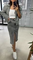 Asimetrik Gri Denim Etek