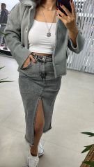 Asimetrik Gri Denim Etek