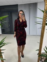 Mc Kruvaze Kırmızı Geçişli Triko Elbise