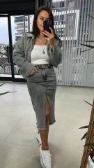 Asimetrik Gri Denim Etek