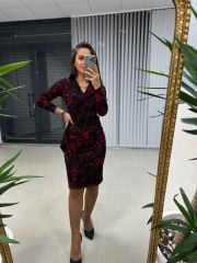 Mc Kruvaze Kırmızı Geçişli Triko Elbise