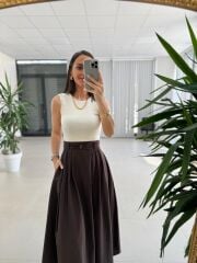 My 3969 Bej-Kahve Bluz ve Etek Görünümlü Tek Parça Elbise