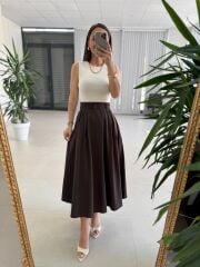 My 3969 Bej-Kahve Bluz ve Etek Görünümlü Tek Parça Elbise