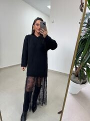 Qs 251009 Siyah Uzun Dantel Detaylı Triko Elbise