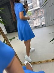 Ms Zippered Blue Short Sleeve A-Line Dress