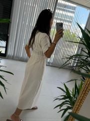 Ms Müslin Fermuarlı Krem Elbise