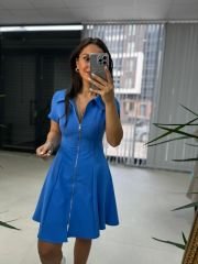 Ms Zippered Blue Short Sleeve A-Line Dress