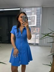 Ms Zippered Blue Short Sleeve A-Line Dress