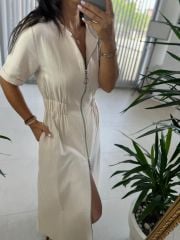 Ms Müslin Fermuarlı Krem Elbise