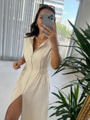 Ms Müslin Fermuarlı Krem Elbise