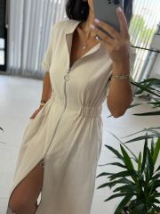 Ms Müslin Fermuarlı Krem Elbise