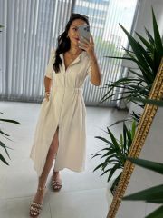 Ms Müslin Fermuarlı Krem Elbise