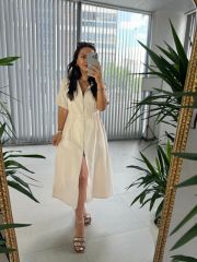 Ms Müslin Fermuarlı Krem Elbise