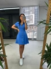 Ms Zippered Blue Short Sleeve A-Line Dress