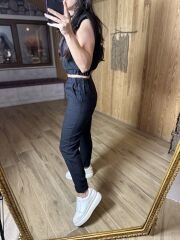 Art. Düğme detaylı pamuk keten siyah takım