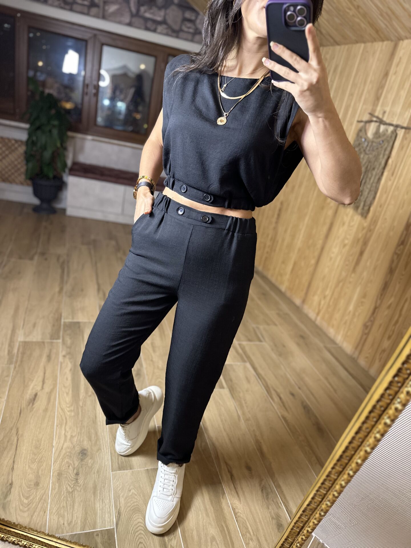 Art. Düğme detaylı pamuk keten siyah takım