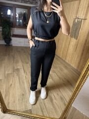 Art. Düğme detaylı pamuk keten siyah takım