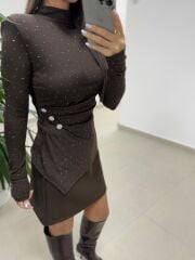 Np 1009 Düğme Detaylı Drapeli Kahve Bluz