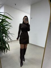 Np 1009 Düğme Detaylı Drapeli Kahve Bluz