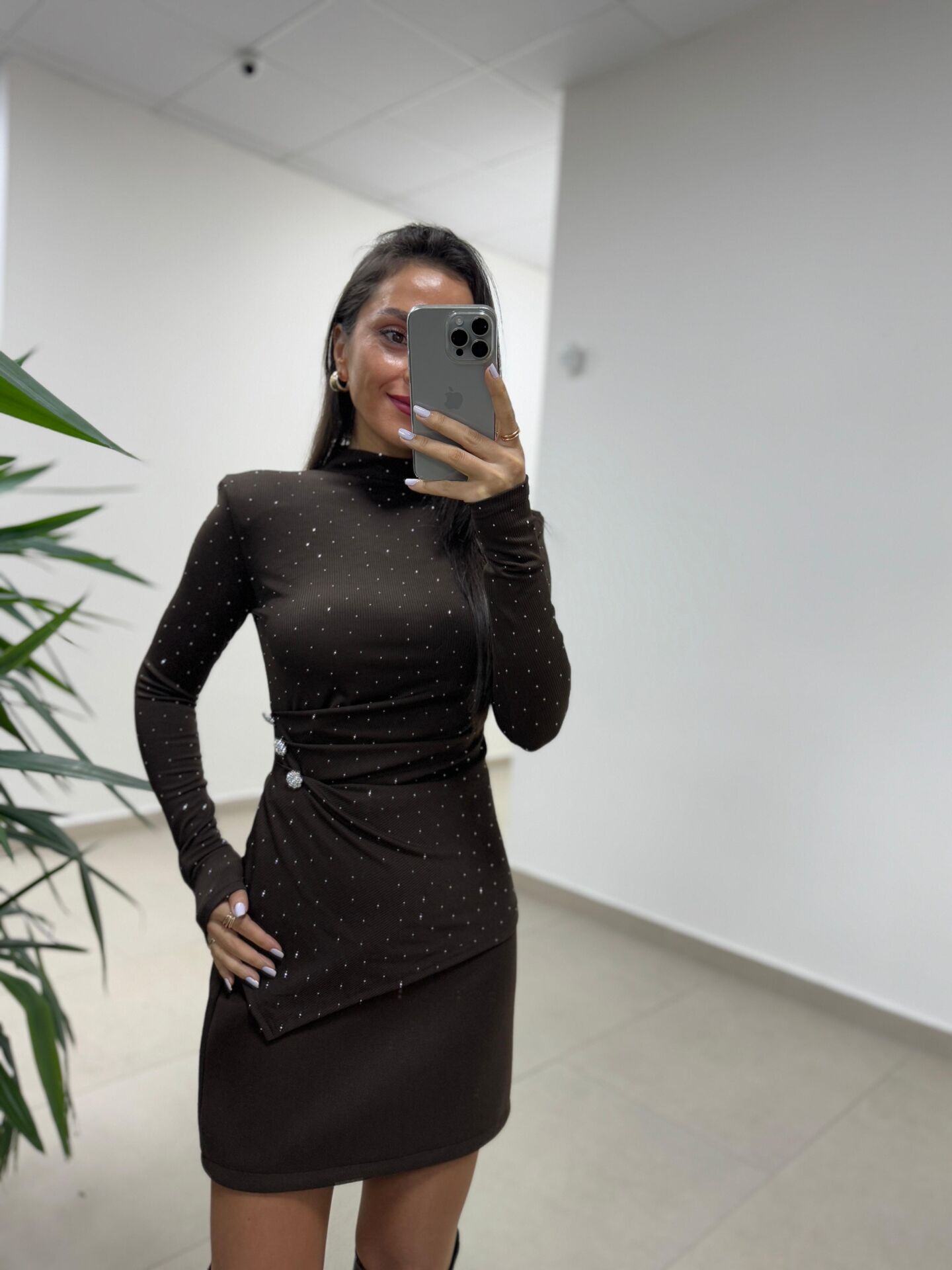 Np 1009 Düğme Detaylı Drapeli Kahve Bluz