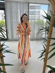 My 3154 Turuncu Siyah Geçişlşli Elbise