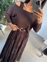 Mz 22830 A Kahve Eteği Leo Asimetrik Bluzlu Elbise