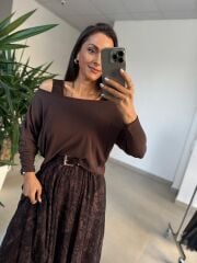 Mz 22830 A Kahve Eteği Leo Asimetrik Bluzlu Elbise