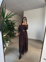 Mz 22830 A Kahve Eteği Leo Asimetrik Bluzlu Elbise