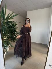 Mz 22830 A Kahve Eteği Leo Asimetrik Bluzlu Elbise