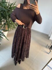 Mz 22830 A Kahve Eteği Leo Asimetrik Bluzlu Elbise