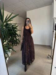 Mz 22830 A Kahve Eteği Leo Asimetrik Bluzlu Elbise