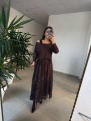 Mz 22830 A Kahve Eteği Leo Asimetrik Bluzlu Elbise