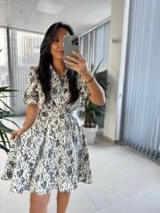 My 3393 Krem Benekli Kemerli Elbise