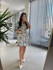 My 3393 Krem Benekli Kemerli Elbise