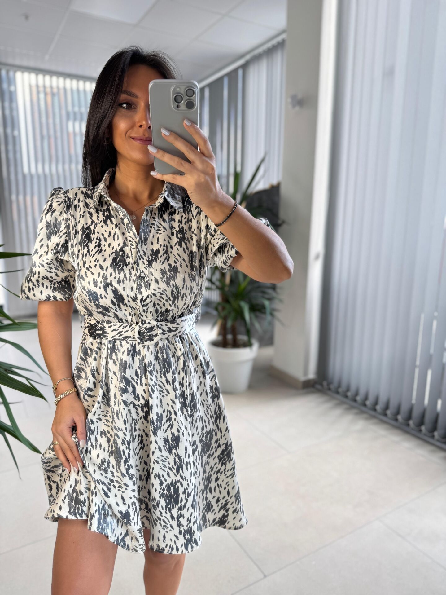 My 3393 Krem Benekli Kemerli Elbise