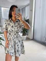 My 3393 Krem Benekli Kemerli Elbise