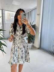 My 3393 Krem Benekli Kemerli Elbise