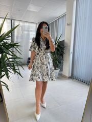 My 3393 Krem Benekli Kemerli Elbise