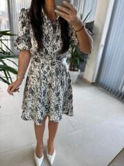 My 3393 Krem Benekli Kemerli Elbise