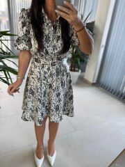 My 3393 Krem Benekli Kemerli Elbise