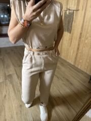 Art. Düğme detaylı taş pamuk keten takım