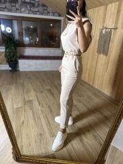 Art. Düğme detaylı taş pamuk keten takım