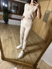 Art. Düğme detaylı taş pamuk keten takım