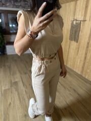 Art. Düğme detaylı taş pamuk keten takım