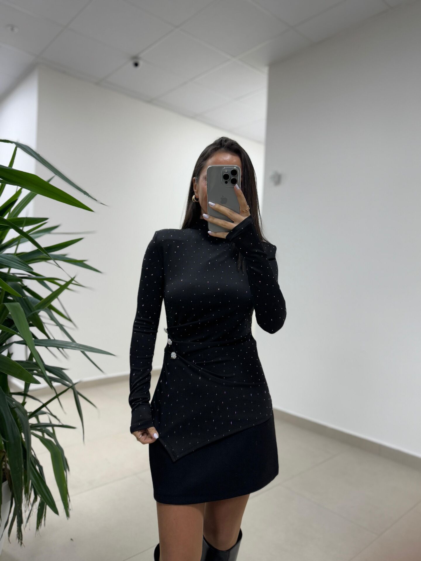 Np 1009 Düğme Detaylı Drapeli Siyah Bluz