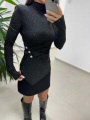 Np 1009 Düğme Detaylı Drapeli Siyah Bluz