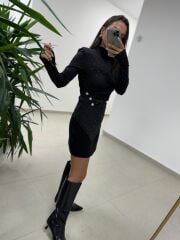 Np 1009 Düğme Detaylı Drapeli Siyah Bluz