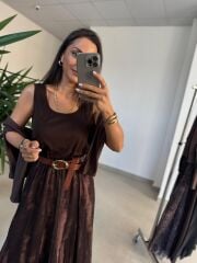 Mz 22830 A Kahve Yeşil Geçişli Asimetrik Bluzlu Elbise