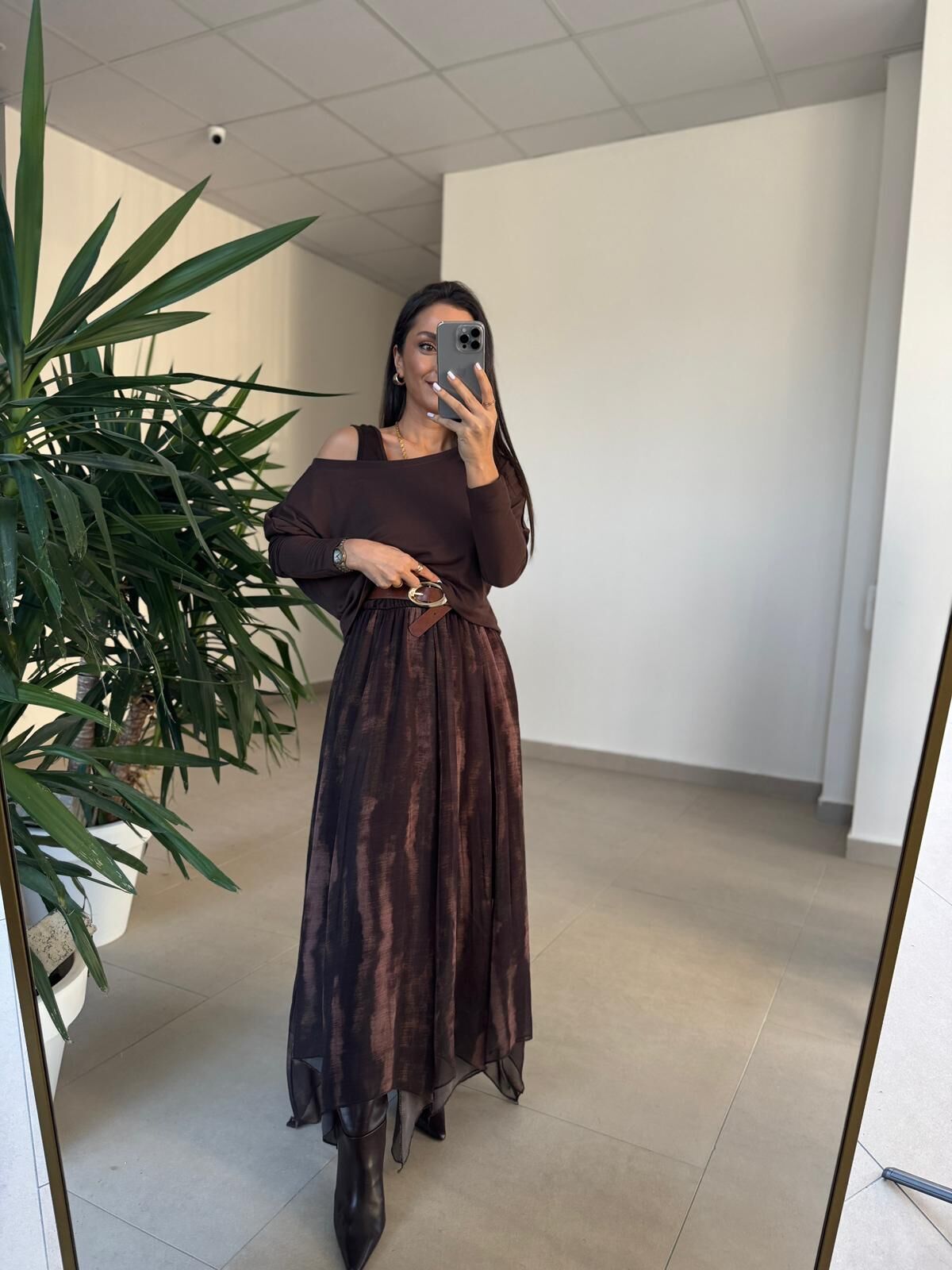 Mz 22830 A Kahve Yeşil Geçişli Asimetrik Bluzlu Elbise